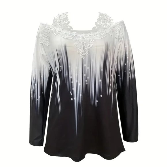 UP TO 50% Off Gradient Lace Stitching Tee Top Casual Cold Shoulder Long Sleeve - Picture 2 of 3